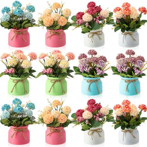 Suncalla 12 Pcs Hydrangea Artificial Flowers in Vase Artificial Hydrangea Potted Small Fake Flowers Table Centerpiece Decoration Arrangement Faux Floral Indoor for Mom Wedding Home Office