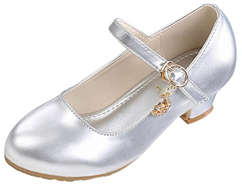 Lackskor flickor 28 kvällsskor justerbart spänne rem pumps eleganta högklackade skor för scenoutfits festliga tillfällen klädskor Mary Janes ballerina dansskor flickskor, silver, 37 EU