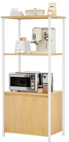 YITAHOME kitchen shelves, microwave shelf, bakers racks for kitchens with storage, coffee bar station, 3-Tier snack stand with Cabinet, 22 x 14.2 x 47.6 inch,Yellow oak plank White iron pipe