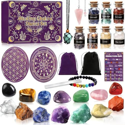 MWZEAUL Conjuntos de Cristales Curativos, Piedras Preciosas Minerales, Piedras de Chakra de Cristal, Piedras Energeticas Protectoras, con Pulsera 7 Chakras, para Meditación, Relajación, Decoración