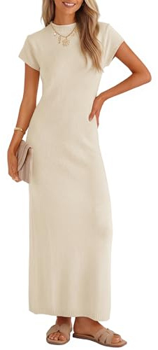 ZESICA Womens Spring Casual Bodycon Maxi Dress 2026 Summer Business Casual Short Sleeve Crewneck Knit Slit Vacation Dresses,Apricot,Medium