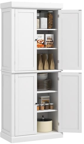 HOMCOM 72.5 Tall Kitchen Pantry Cabinet, Freestanding Modern Farmhouse Kitchen Storage Cabinet with 4 Doors and 2 Adjustable Shelves for Dining Room, White