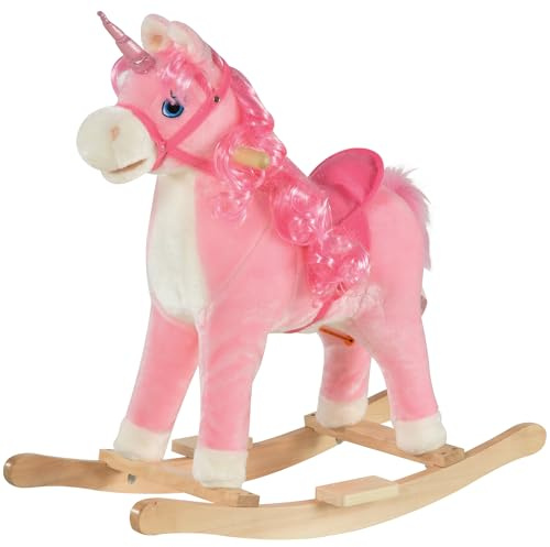 HOMCOM Cheval à Bascule modèle Licorne avec Sons Authentiques Selle Grand Confort Bois de peuplier Rose dim. L74 x l33 x 62H cm