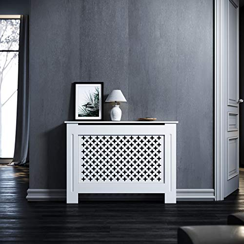 Élégant cache-radiateur moderne à lamelles en losange blanc laqué pour salon, chambre à coucher, cuisine
