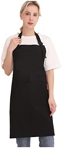 APRONPANDA Professional Adjustable Black 100% Cotton Apron with 2 Pockets Cooking Kitchen Chef Women Men Aprons for Home Kitchen, Restaurant, Coffee House, Baking Gardening BBQ