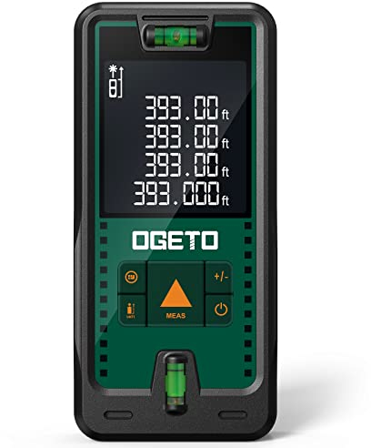 Laser Entfernungsmesser 120m, OGETO Laser Entfernungsmesser mit LCD Hintergrundbeleuchtung, 99 Datensätze, M/In/Ft, Pythagoras/Abstand/Fläche/Volumen Messungen(2*AAA Batterien, IP54)
