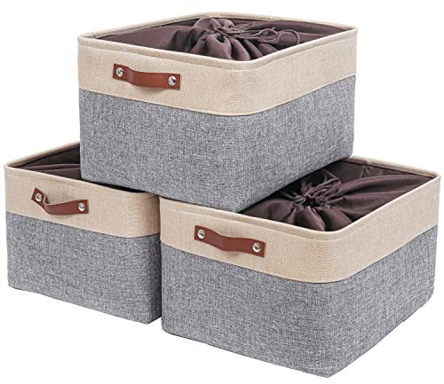 Mangata Fabric Storage Boxes, Thickened Canvas Storage Baskets with Handle for Shelves, Clothes Toys (XXL, Grey/Beige, with Drawstring,3 Pcs)