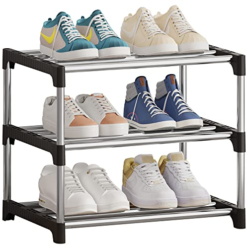 NIAWECAN Kleines Schuhregal, stapelbares Schuhregal, 3 Ebenen, Fußraumaufbewahrung, leichtes Schuhregal, Aufbewahrung, Organizer, stabiles schmales Schuhregal für Schrank, Eingangsbereich, Flur