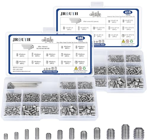 JROUTH 1000pcs Metric + SAE Set Screw Assortment Kit, Internal Hex Drive Cup-Point Allen Screws Set 304 Stainless Steel Grub Screw (M3-M8, 1/8-40 to 5/16-18)