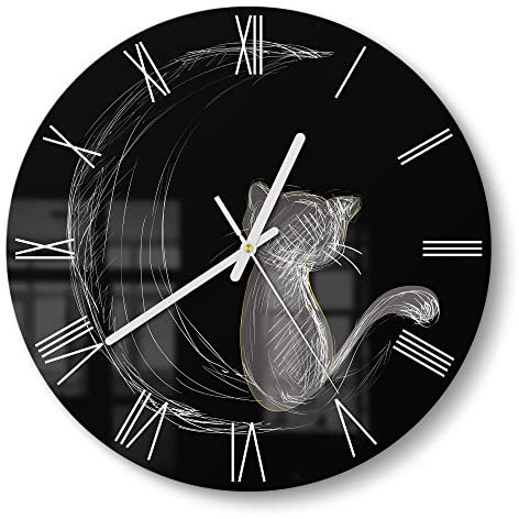 DEQORI Glasuhr | rund Ø 30 cm | Motiv Die Katze und der Mond | ausgefallene leise Design Uhr aus Glas | Wanduhr für Wohnzimmer & Küche | Moderne Hingucker Uhr für die Wand