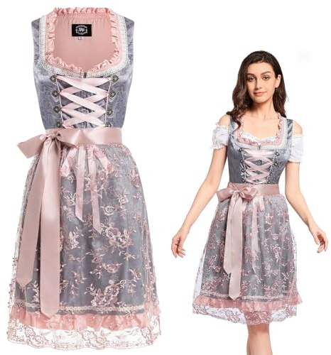 VKI Robe Femme Midi Dirndl avec Tablier en Dentelle, Costume Bavarois Tenue Femme Oktoberfest