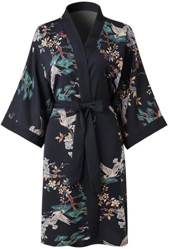 Ledamon Kimono corto da donna - Accappatoio da notte con tasca floreale, Nero, Taglia unica