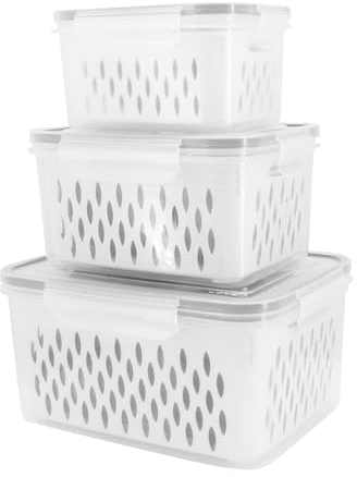 Buwico Frischhaltedosen für Obst Gemüse, 3 Stück Kühlschrank Organizer, Food Storage Aufbewahrung mit Deckel, Kühlschrankdosen mit Ablauf, Weiß