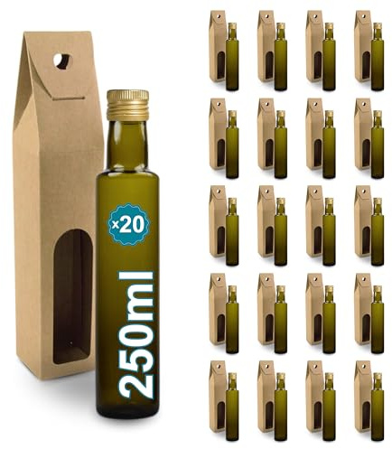 Espirito Rebelde 20 bottiglie di vetro scuro 250 ml con tappo a vite dorato + 20 scatole | Olio d'oliva, aceto, alcol, salse | Aceiter