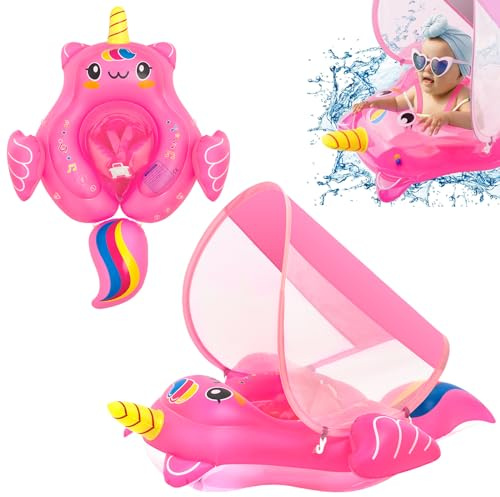 Galleggiante gonfiabile per neonati 10-24 mesi, anello galleggiante gonfiabile con unicorno rosa acceso con tettuccio parasole, coda anti-scivolo, anello da nuoto per bambini piccoli