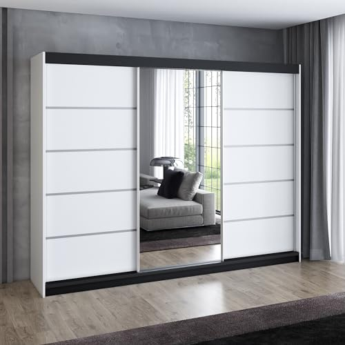 A&J MöbelLand Schwebetürenschrank VILUNO 3 Kleiderschrank 3-türig 200 cm mit Spiegel, 4 Schubladen & 2 Kleiderstangen, Geräumiger Schlafzimmerschrank (Weiß)