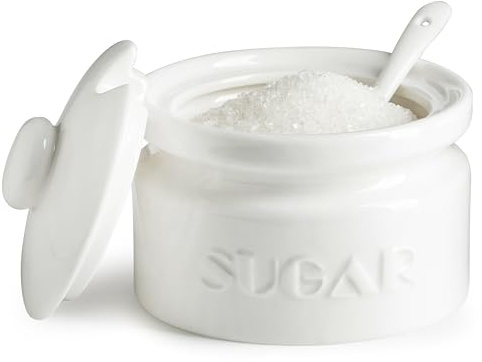 Gomakren Sugar Bowl with Lid and Spoon, Sugar Container Sugar Dish 10oz, Ceramic Sugar Jar for Coffee Bar, Kitchen, Countertop - Modern Farmhouse Kitchen Mothers Day Decor, White