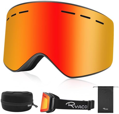 Ryaco skidglasögon med magnetisk lins, anti-dimma OTG snowboardglasögon för glasögonhållare, UV-skydd, högupplösta snösportglasögon för män, kvinnor, tonåringar, pojkar, flickor, röd
