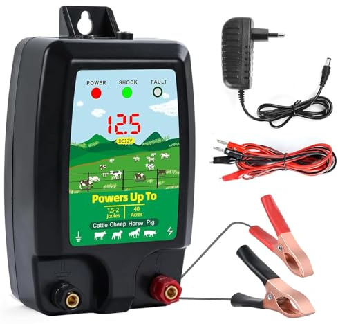 10KM Pastor Eléctrico, 12V Cerca Eléctrica Controlador de Pulso de Alto Voltaje Seguro para Ovejas, Caballos, Ganado, Aves, Pastor, Granja, Electrificador de Cercados (Negro)