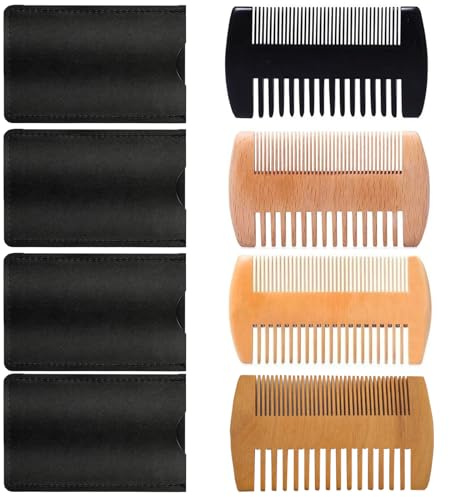 4 Pack Double-Sided Pocket Comb, Wooden Dual Action Beard and Mustache Comb Set with Leather Cases for Beards and Mustaches, Everyday Styling Comb For Detangling Knots, Beard Care & Grooming