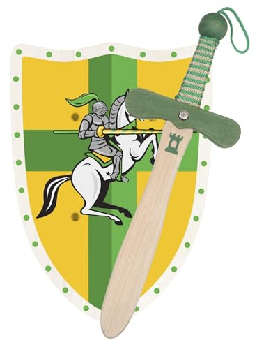 GERILEO Espada y Escudo de Caballero o Dragon de Madera Artesanales - Juguete para Niños y Niñas - Complemento para Juegos Imitación, Disfraz, Medieval, Guerrero, Fiesta Temática, Edad Media (Verde)