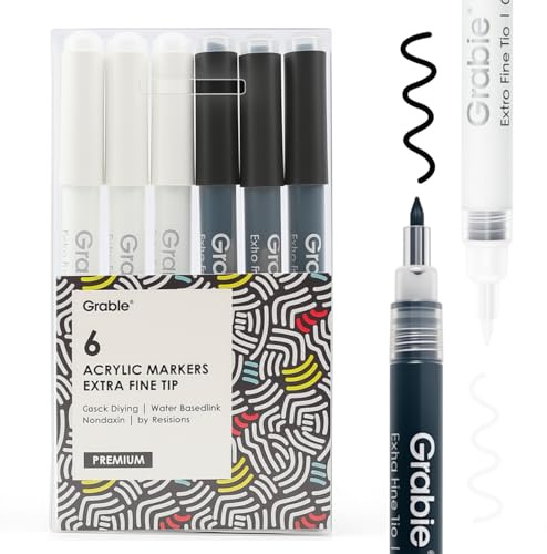 Grabie Black&White Extra Fine Tip Acrylic Paint Marker Set, 6 Pack, 0.7mm Acrylic Paint Pens for Highlights, White Highlight Markers