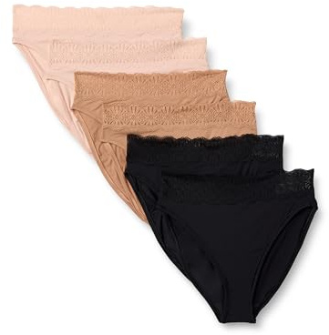 Amazon Essentials Slip a Vita Alta Sgambato in Microfibra Effetto Pesca con Bordo in Pizzo Donna, Pacco da 6, Bronzo Lavato/Nero/Petalo Chiaro, 42