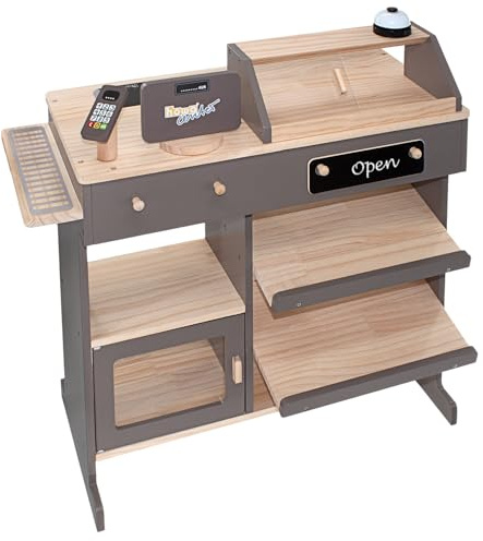 howa Kaufladen 4755 - Negozio commerciale in legno, con cassettone e lettore di carte giocattolo, lavagna per gesso, vetrina, campanello, giocattolo in legno naturale/tortora