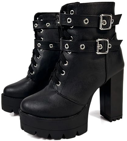 MEOTINA High Heel Boots Chunky Heeled Boot for Women Platform Goth Booties Buckle Lace Up Punk Combat Shoes with Zipper