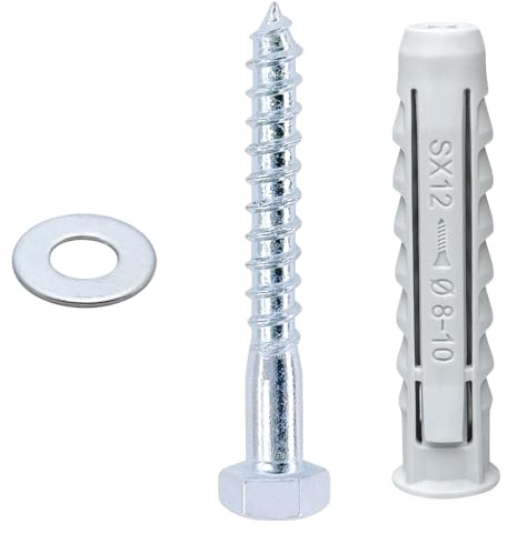 DAIRYCOF 12 PCS Heavy-Duty Masonry Brick Wall Fixing Screws Bolts Anchors Hex Self-Tapping Screws with Expansion Plugs and Washers for TV Mounts,Water Heaters,Cabinet Installation (M8x60mm)