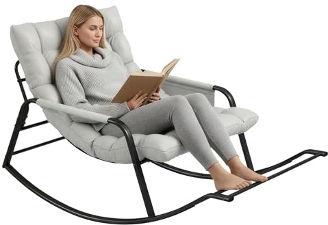 NUGYK Oversized Indoor Rocking Chair, Plush Papasan Chair with Comfy Padded Cushions & Side Pocket, for Patio Garden, Porch, Lounge, Outdoor, Beige