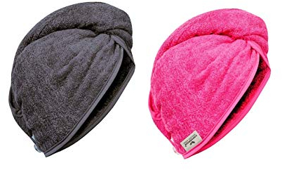 Carenesse Haarturban Baumwolle 2er Set I 2X stabiles Turban Handtuch mit Knopf & Schlaufe pink/grau I Haarhandtuch saugstark zur schonenden Haartrocknung OHNE Plastik
