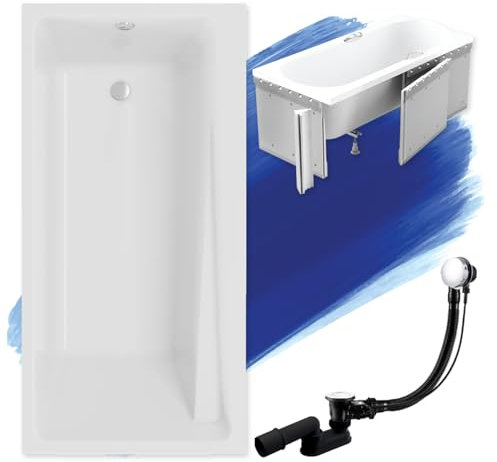 Baignoire originale BADLAND Elza - En acrylique - Blanc - 150 x 70 cm - Kit complet avec revêtement en polystyrène de qualité supérieure + pieds et bonde automatique chromée exclusive - Fabriqué en UE