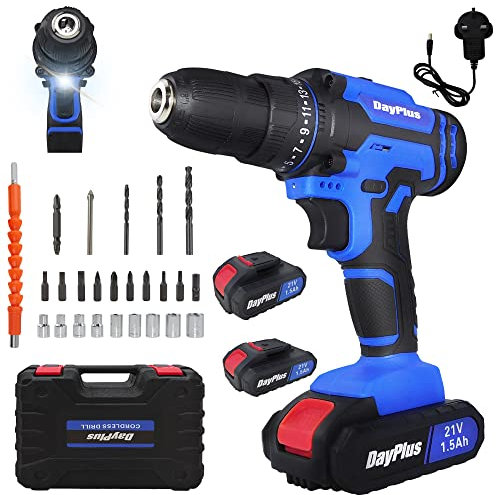 21V Cordless Power Drill Set,Impact Drill Screwdriver with 2 Speed, 25+1 Torque Hammer,Electric Drill with Led Light,1.5AH Li-ion Battery×2,Fast Charger,3/8 Keyless Chuck Driver with Compact Case