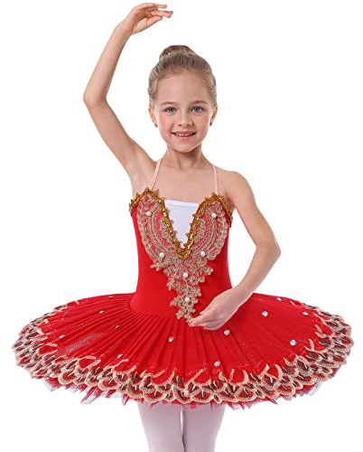 IBAKOM Girls Ballet Dance Dress Swan Lake Sling Strap Lace Pearl Embroidery Camisole Gymnastic Leotard Tutu Costume Figure Skating Dancewear Ballerina Outfit Red 13-14 Years