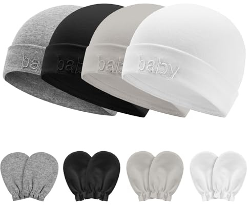 Aolso Gorros y Guantes para Bebés,4 Juegos de Sombreros y Guantes de Bebé,Juego de Sombreros y Manoplas de Algodón para Bebés Niñas Niños,Gorros Beanie para Bebé Recién Nacidos