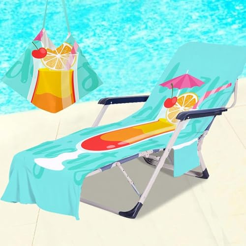 Surwin Sun Lounger Towel with Pockets, 3D Juice Print Quick Dry Beach Towel, Microfiber Sunbed Towels Travel Lounger Bag for Loungers Summer Holiday Outdoor Pool, 75X210CM- Juice
