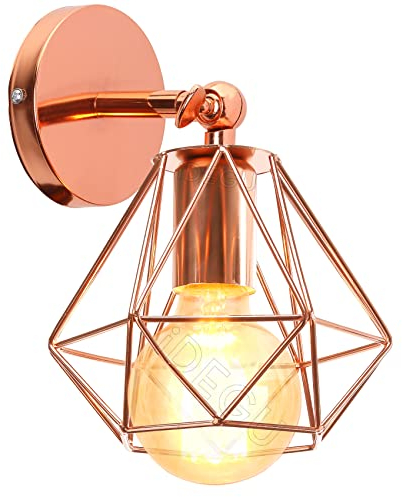 iDEGU Vintage Wandleuchte, Retro Wandlampe Innen im Industrie Design 16cm Käfig Lampenschirm Roségold aus Metall Verstellbare Deckenleuchte Wandleuchte für Schlafzimmer Küche Flur Wohnzimmer