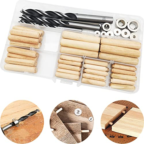 CESFONJER Dübel Holz Set, 6mm/30 pcs, 8mm/15 pcs,10mm/10 pcs Holzdübel, 6 pcs Dübelspitzen, 3 pcs Bohren und 3pcs Bohrer Tiefenanschlag, mit Sechskantschlüssel, für Basteln, Heimwerken, Zimmerei