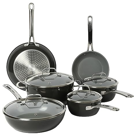 Sur La Table Kitchen Essentials 10 Piece PFA Free Titanium Ceramic Nonstick Interior Forged Aluminum Cookware Pots and Pans Set - Black - Induction Compatible