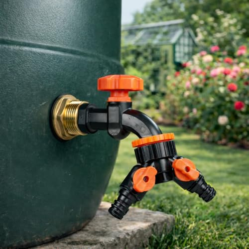 Solid brass water butt/rain barrel/tank threaded outlet adaptor/connector with 2 washers and nut,range of tap options (dial tap+tap splitter)