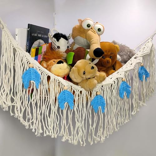 Minidino® Organizador de Peluches Colgante (80x80x113cm) con Borlas Azules - 100% Algodón - Almacenaje de Juguetes Práctico y Decorativo