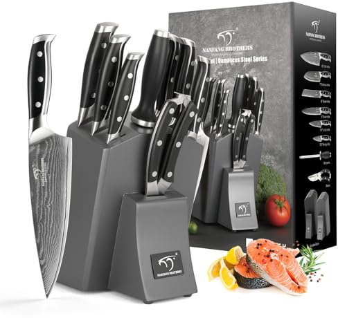 Professionelles Japanisches Damaszener Stahl Küchenmesser Set 9 Teile mit Holzblock, beinhaltet Kochmesser, Brotmesser, Santoku Messer, Allzweck- und Schälmesser, alle in einer Geschenkbox Grau