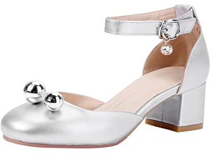 koperras Kleine/große Kinder Mädchen Sommerschuhe mit geschlossenem Zehenbereich und niedrigem Absatz, weiche Gummisohle, Klettverschluss, Prinzessinnenschuhe, Hochzeit, (Silver, 34 Big Kids)