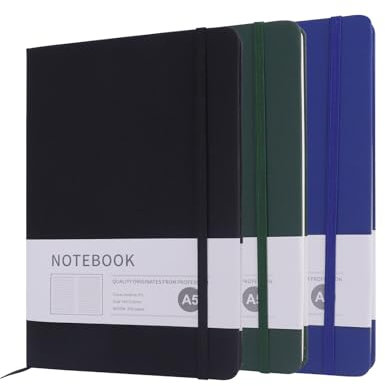 Notizbuch A5, 3 Stück Hardcover Journal Notizbücher, Notizbuch Liniert a5 mit 200 Seiten, Kunstlederbezug Notizbuchs mit Elastischem Verschlussband für Schule, Büro, Schreiben (Schwarz+Blau+Grün)