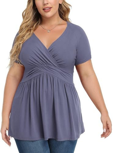 TIANZHU Tops de talla grande para mujer Vestido de bebé tipo envoltura con cuello en V, blusa elegante, túnica suave, XL-4XL, 3XL