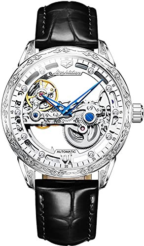 OLEVS Silver Herren Skelett Mechanische Uhr Automatik Selbstaufzug Wasserdicht Leuchtendes Luxus Leder Armbanduhren