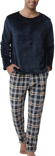 Pijamas Terciopelo Hombre Polar Suaves Grueso Cuadros Invierno Forro Camiseta Pantalón Largo Elástico Sety Ropa de Dormir Manga Larga Entretiempo Tops Cómodo Regalos para Hombres Azul Marino+Cuadros L
