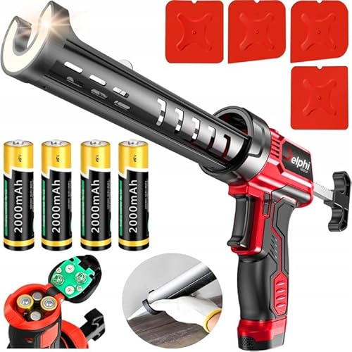 Delphi 300 ml Silikon Kartuschenpresse Akku mit LED-Licht - Akku Silikonpistole mit 4 Fugenglätter und Batterien im Set für Acryl, Mörtel, Silikon und Klebstoffe - Rutschfester Griff
