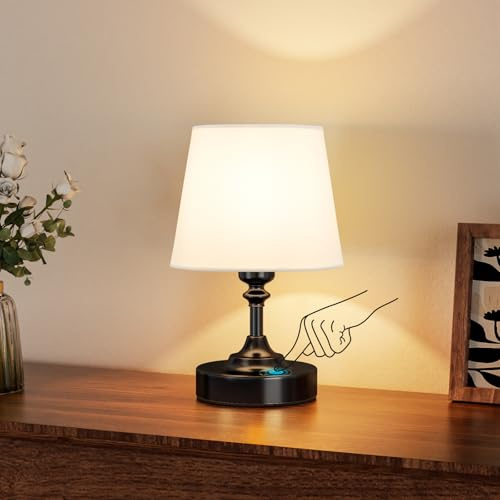 PreeOtti Piccolo Lampada da Tavolo LED Senza Fili, Batteria Ricaricabile, Dimmerabile, Paralume in Lino Bianco, Lampada da Comodino LED per Camera da letto, Sala da Pranzo, Soggiorno, Deco(Nero)